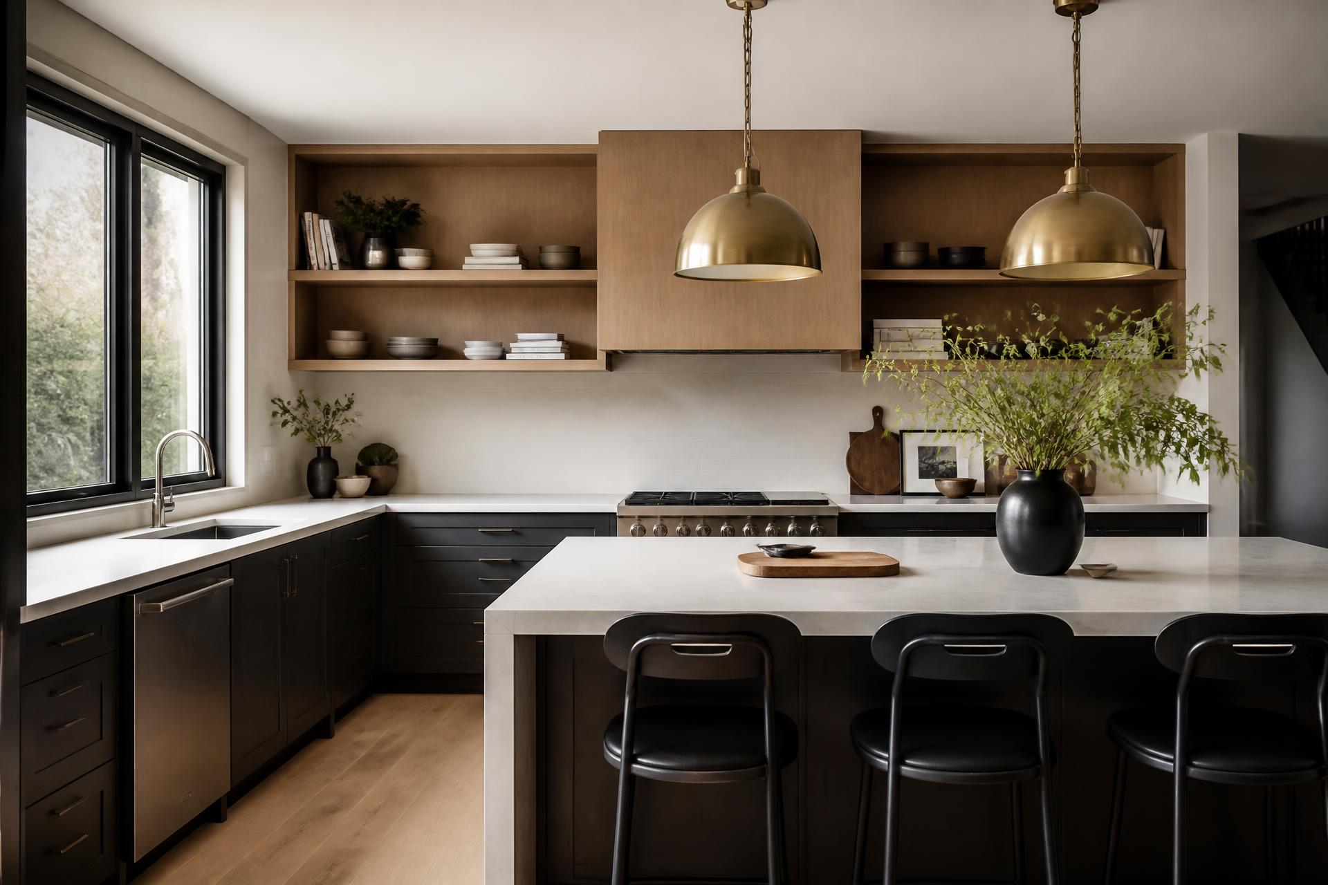 Renovated modern kitchen with dark cabinetry, oak shelving and a quartz island